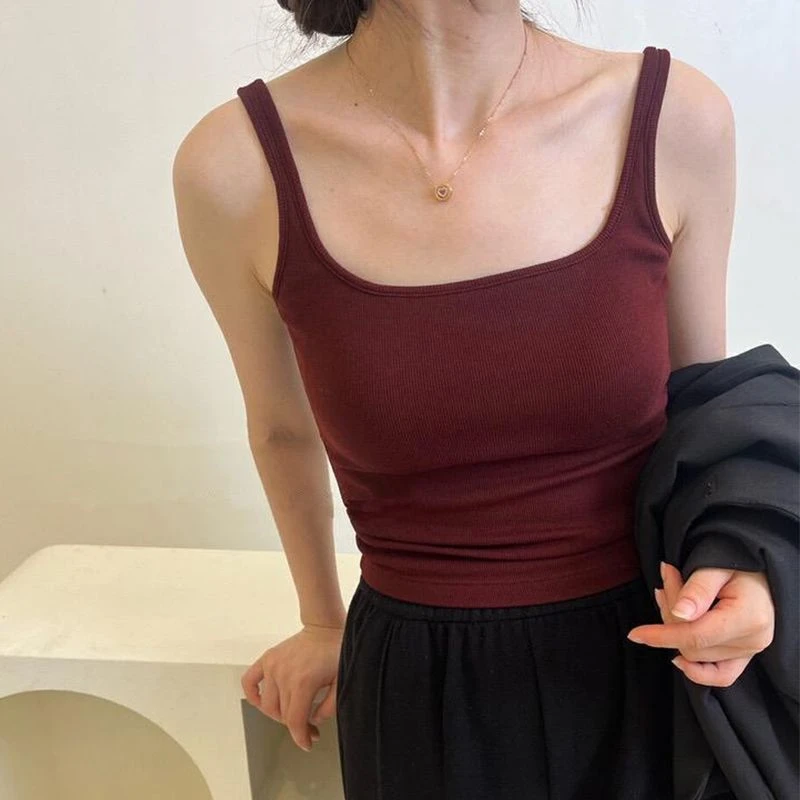 秋冬无袖性感小方领红色背心吊带内衣女自带胸垫内搭一体杯打底衫
