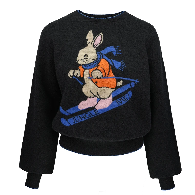 JUNGLE ME秋冬黑色显瘦百搭毛衣套头衫休闲宽松提花冬季时尚