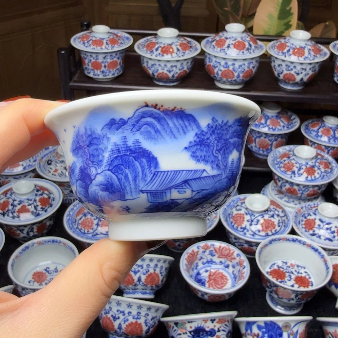 青花釉里红山水压手杯
