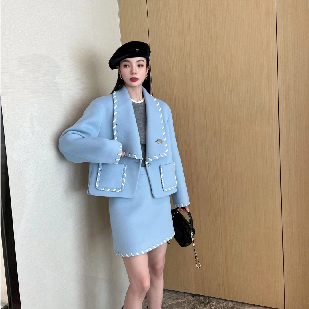 NancyCavally重磅110支羊毛双面顺毛呢 织带编织撞色边毛呢套装女