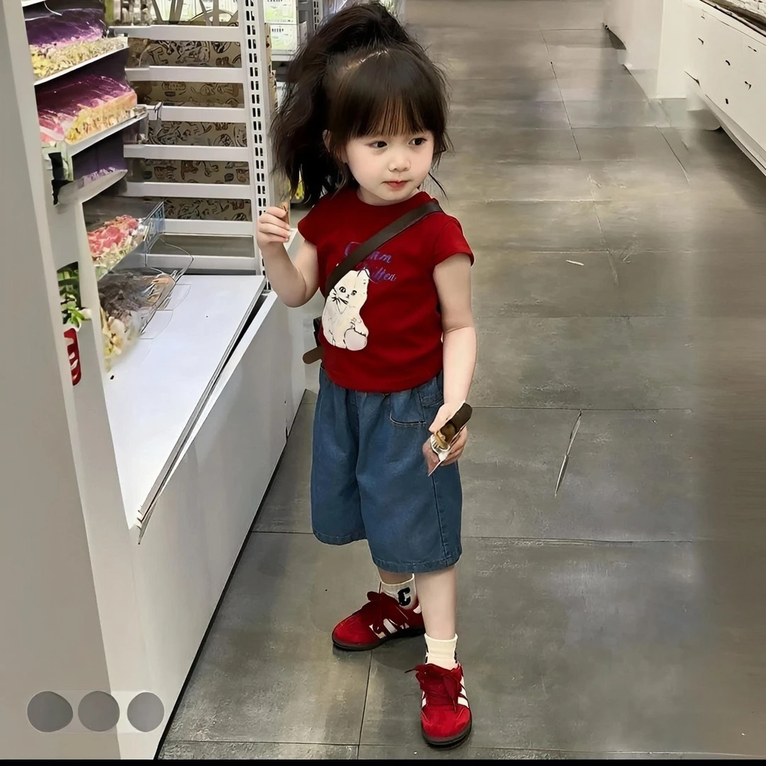 女童套装2025夏季新款洋气上衣女宝宝薄款短袖夏装牛仔中裤两件套