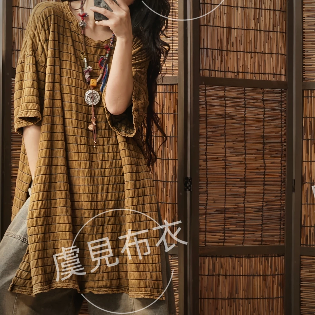 虞姑娘推荐   春季复古圆领针织麻开叉T恤【衣长82-140】