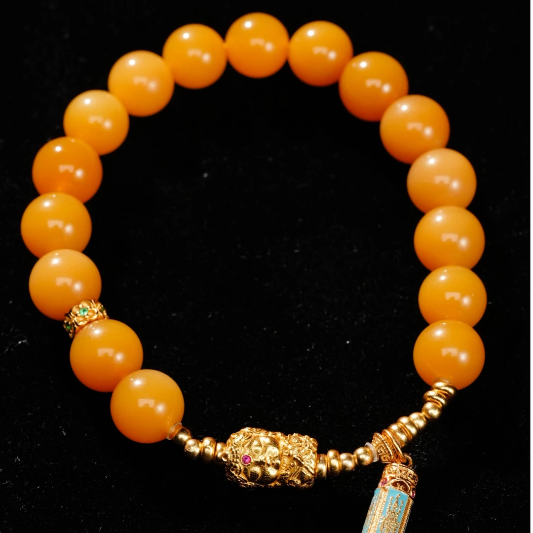 TR064 天然缅黄度母雕刻五条镶嵌手链手串