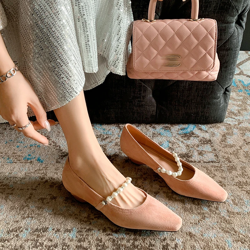 范戈希羊皮跟高4CM低跟春季浅口单鞋法式小方头珍珠时尚买1赠3