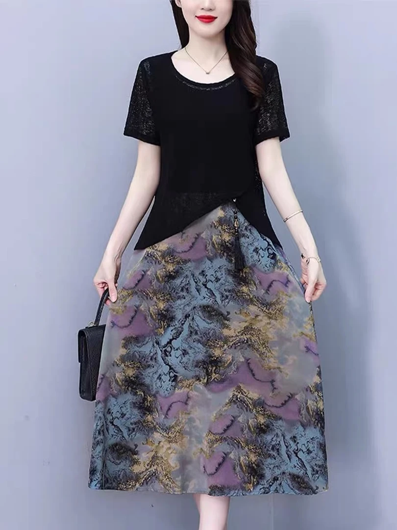 2025夏季新款时尚洋气两件套装裙圆领短袖连衣裙收腰显瘦减龄长裙