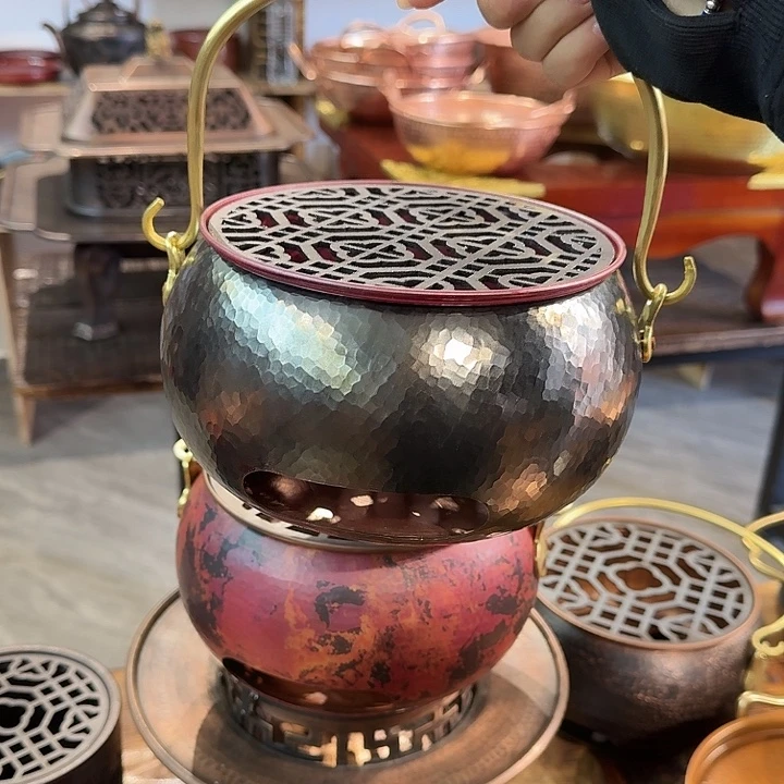 紫铜手工制作提梁炭炉大号黑色11×17
