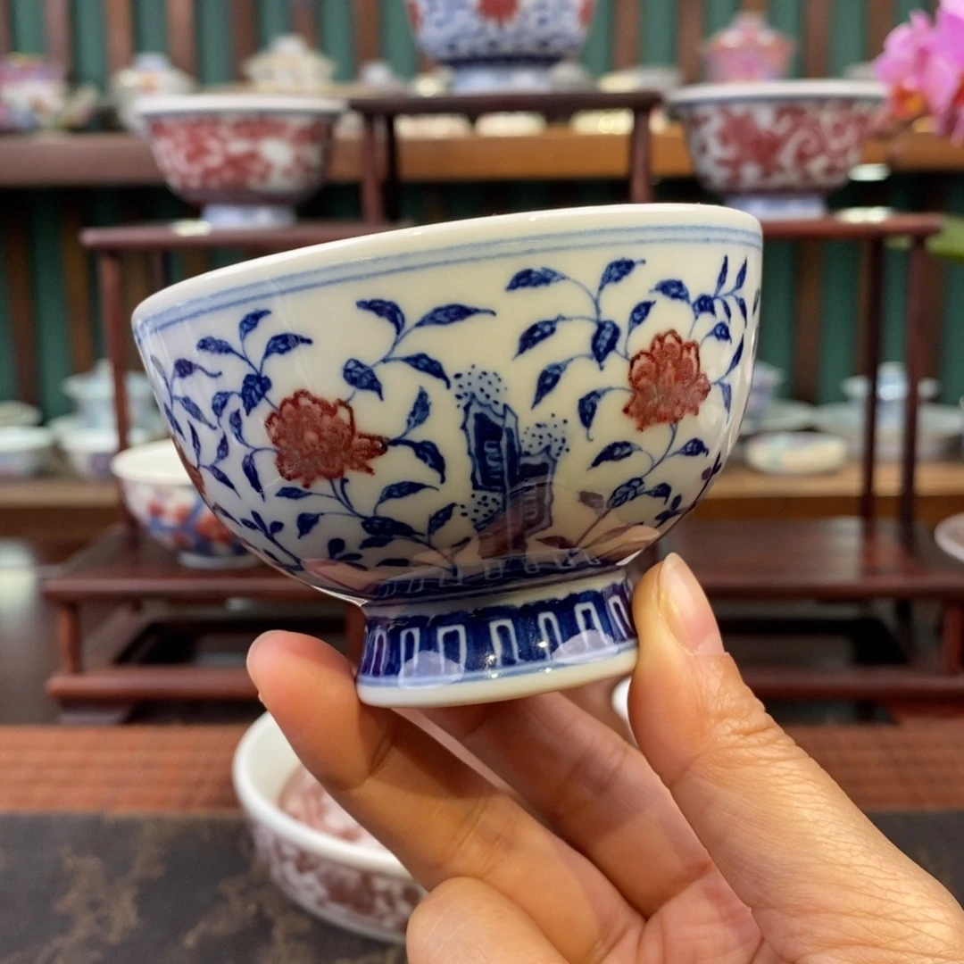 手工陶瓷青花釉里红高脚杯