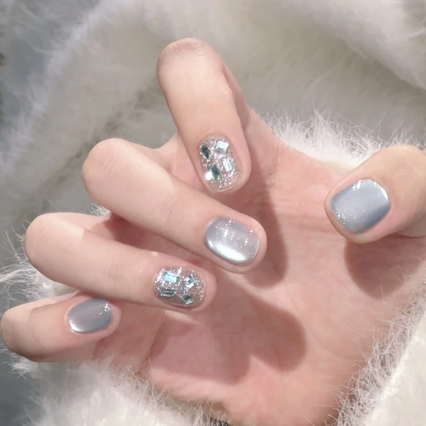 【碧落银河】青蓝色清冷猫眼侧光玻璃珠国风闪钻穿戴甲