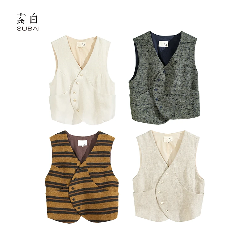 素白新中式【流浪诗人】J01754复古百搭叠穿极简V领马甲