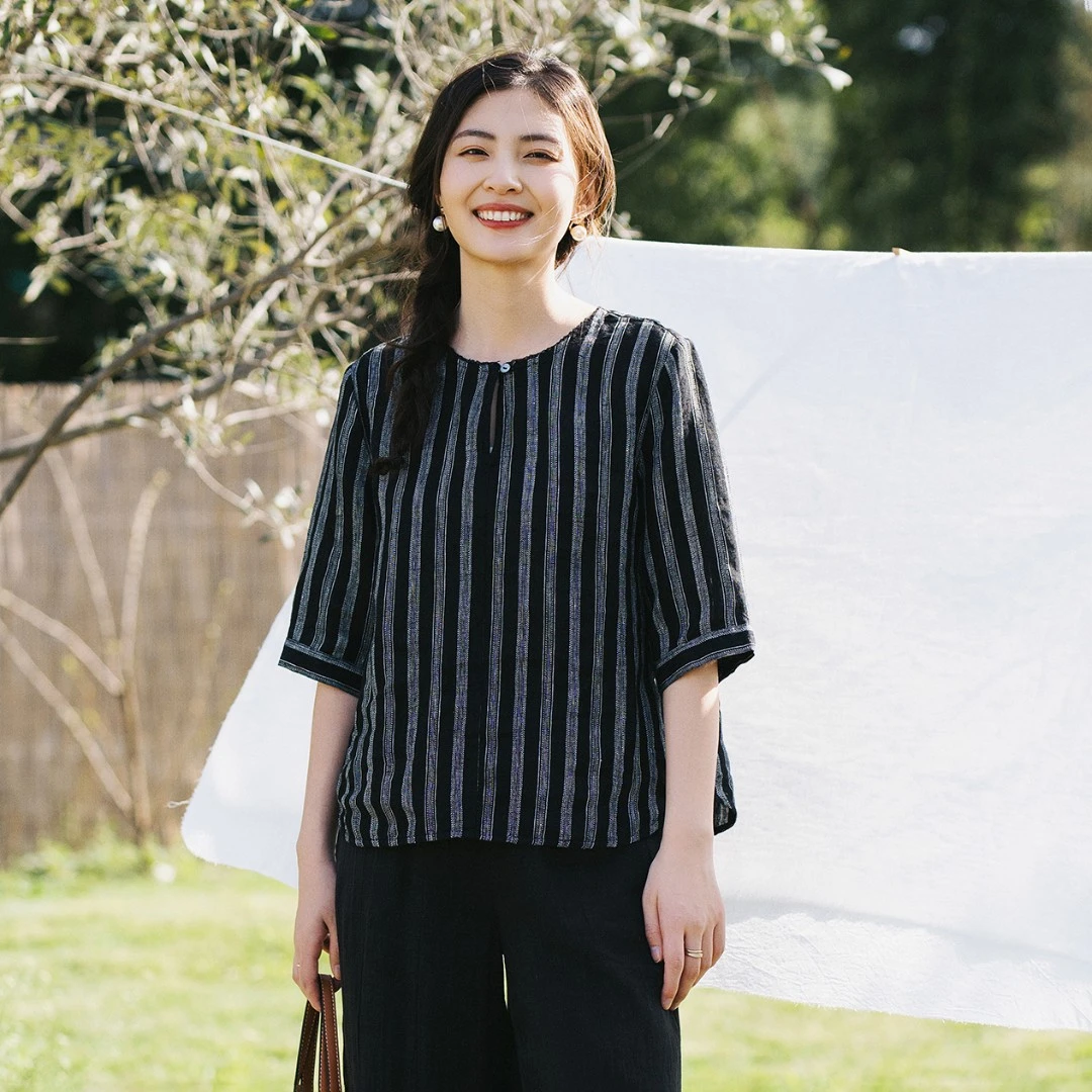 梭家｜有序｜轻中式色织提花条纹亚麻圆 T恤夏季女短袖上衣宽松