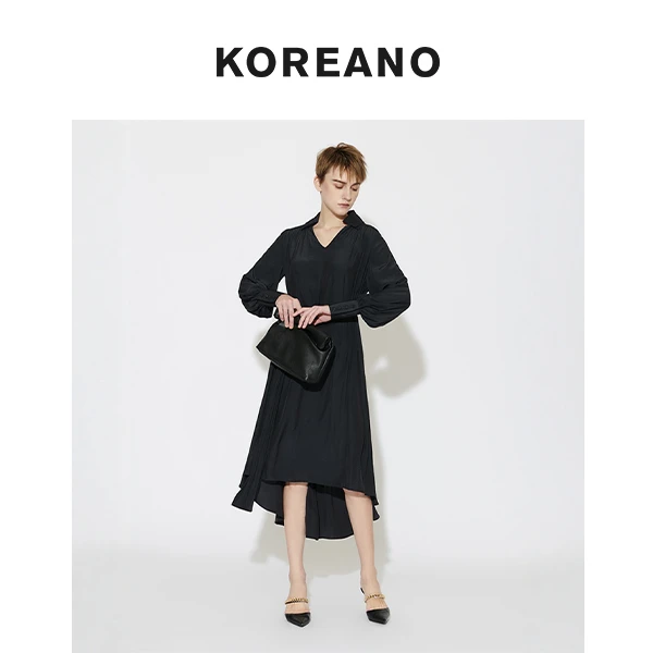 【KOREANO】春秋墨黑色翻领A型礼服连衣裙  LW3234