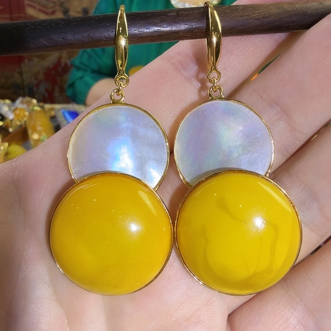 蜜蜡银S925镀金镶嵌耳环