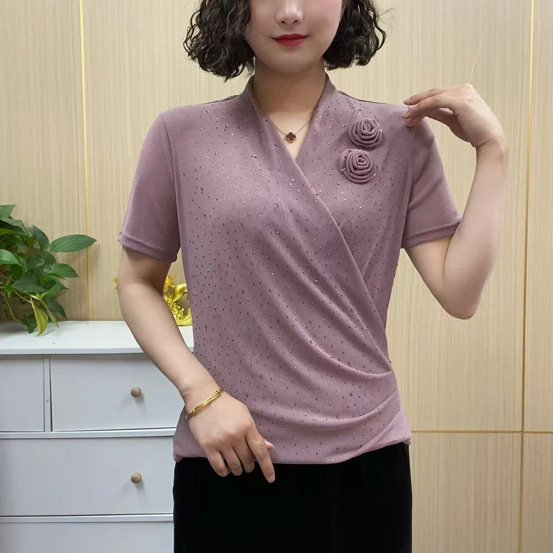 2025夏季新款时尚烫钻玫瑰花短袖设计遮肉显瘦气质百搭妈妈装FJ88