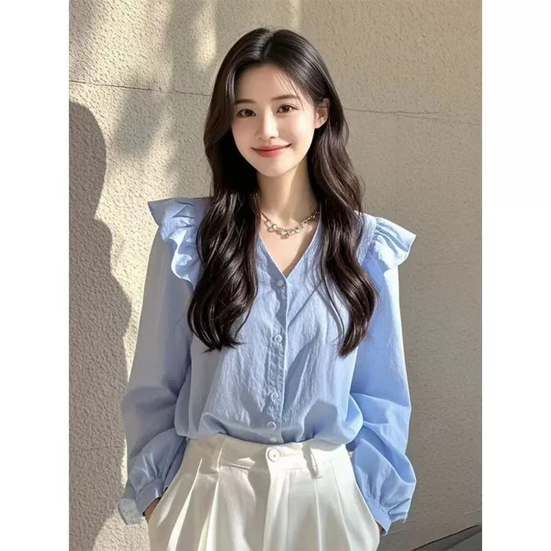 今年流行的漂亮小衫轻奢高级感2025法式小众绝美蓝色长袖衬衫女