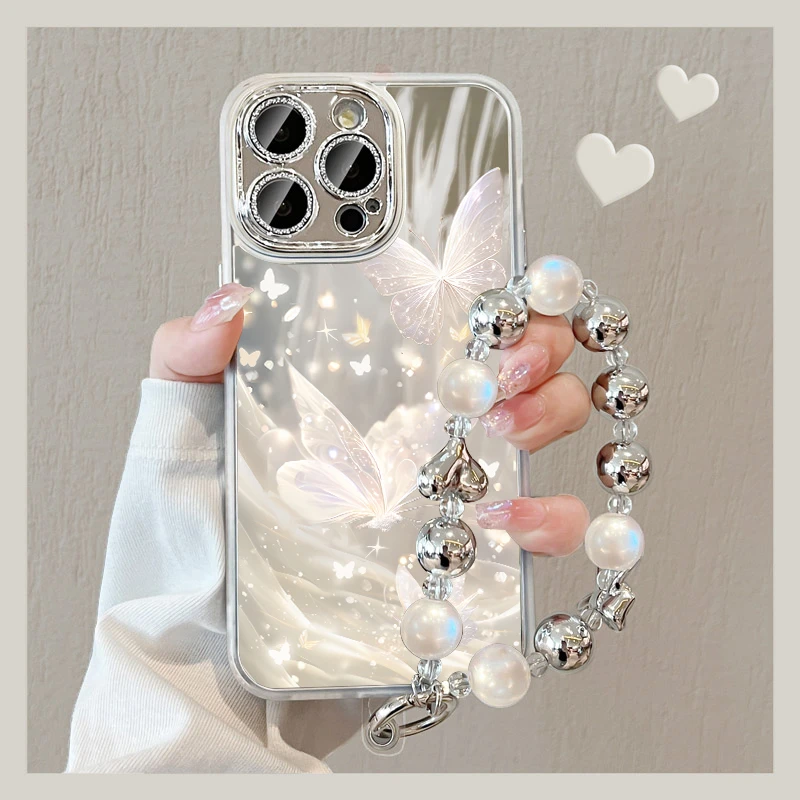 适用苹果16promax手机壳蝴蝶镜面iphone15高级感14pro手链条女13