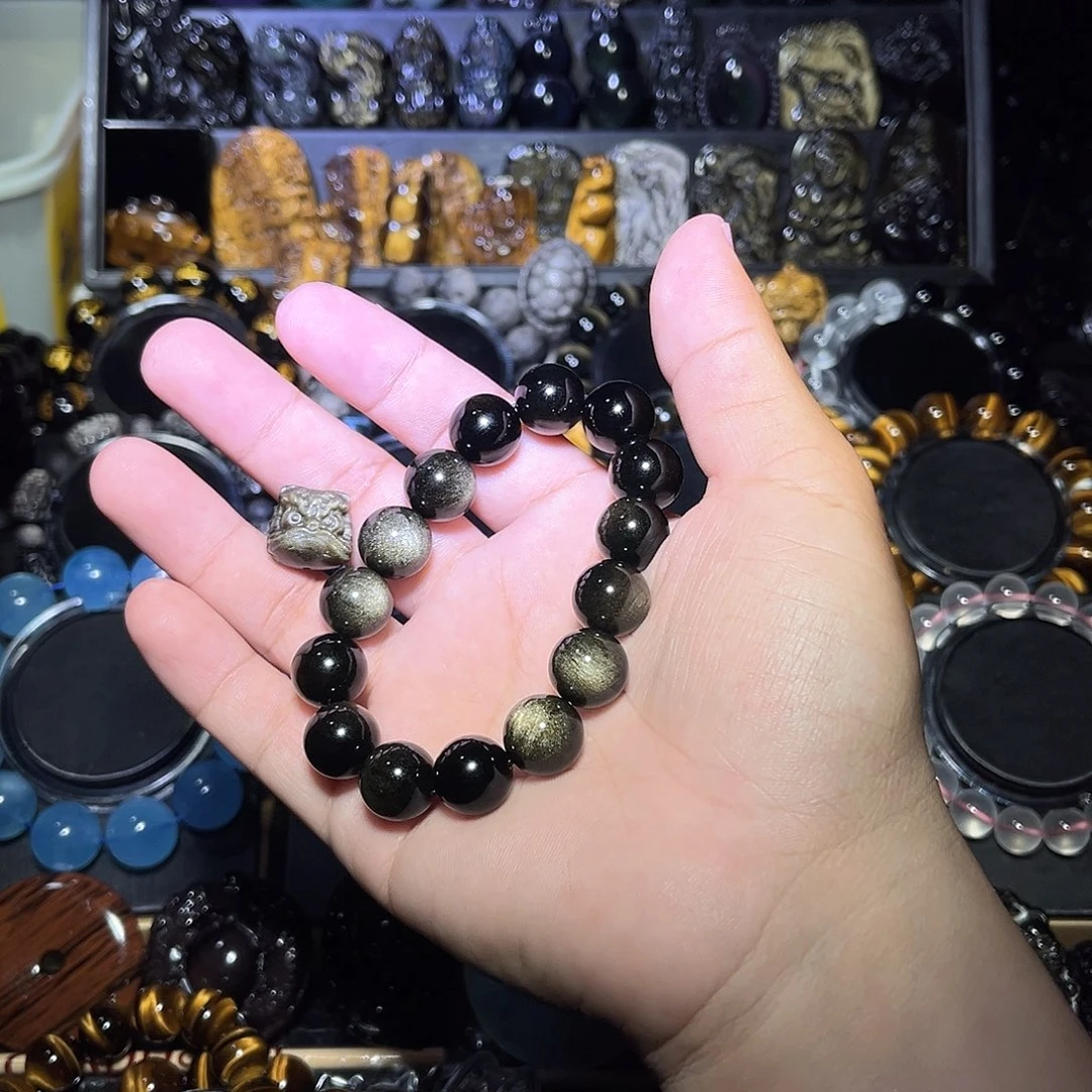 黑曜岩未镶嵌手链失7a级金曜石14m加貔貅
