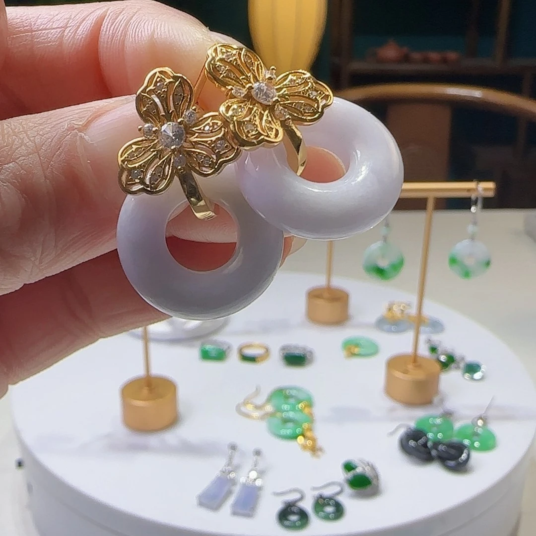 翡翠耳饰银S925镶嵌天然缅甸a货翡翠