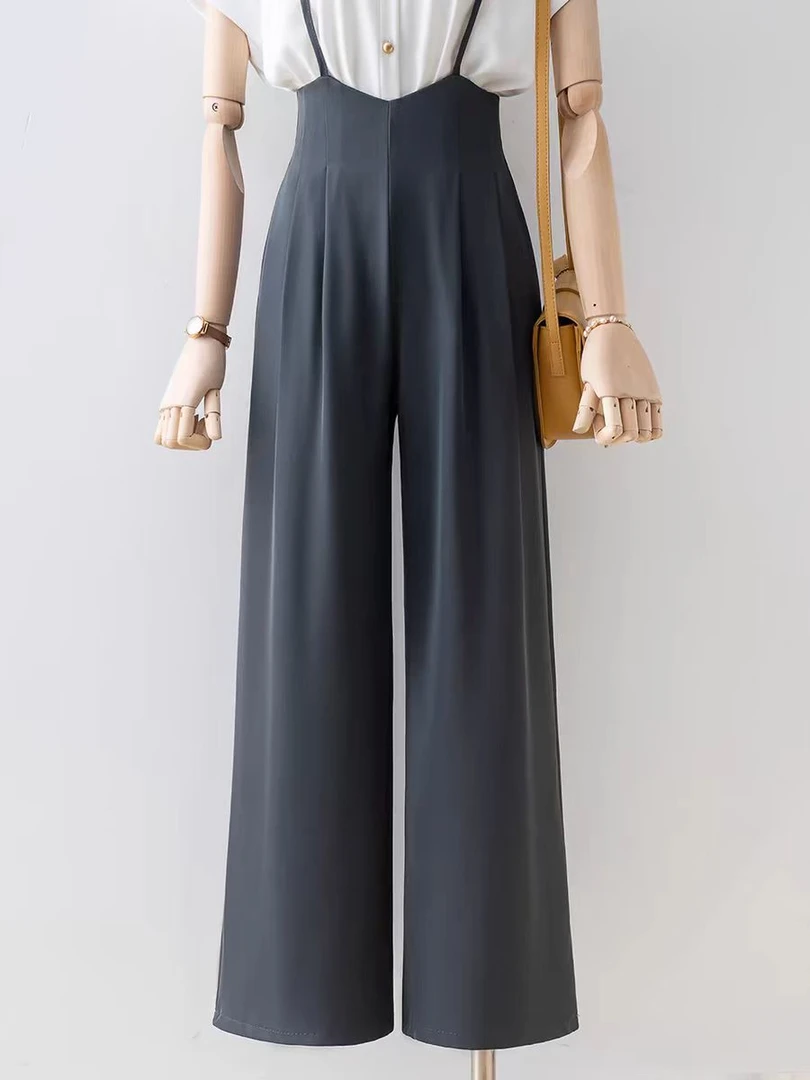 (01-60)高腰宽松显瘦背带阔腿裤女夏时尚垂感小个子百搭连体裤