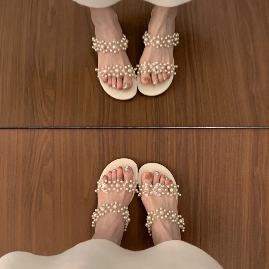 法式仙女风透明一字带珍珠露趾拖鞋女夏外穿3cm小高跟不累脚凉鞋