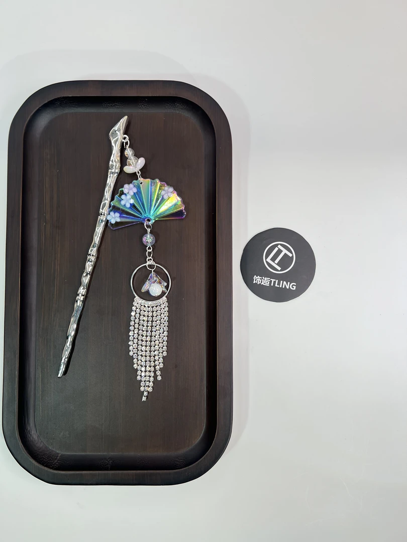 花仙子，原创蓝色扇子锆石水晶流苏仙气醋酸国风新中式发簪（109）