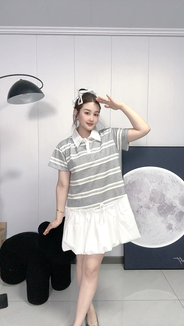 699199#大码夏季新款甜美翻领条纹短袖花苞连衣裙
