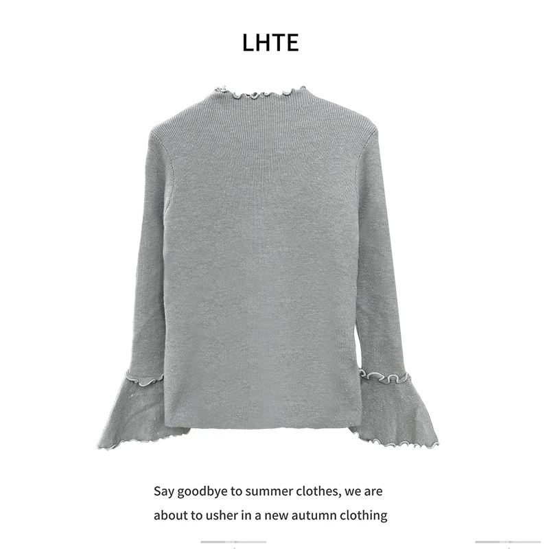 青青大码女装韩版灰色胖MM遮肉木耳领针织打底衫上衣女秋冬C4424