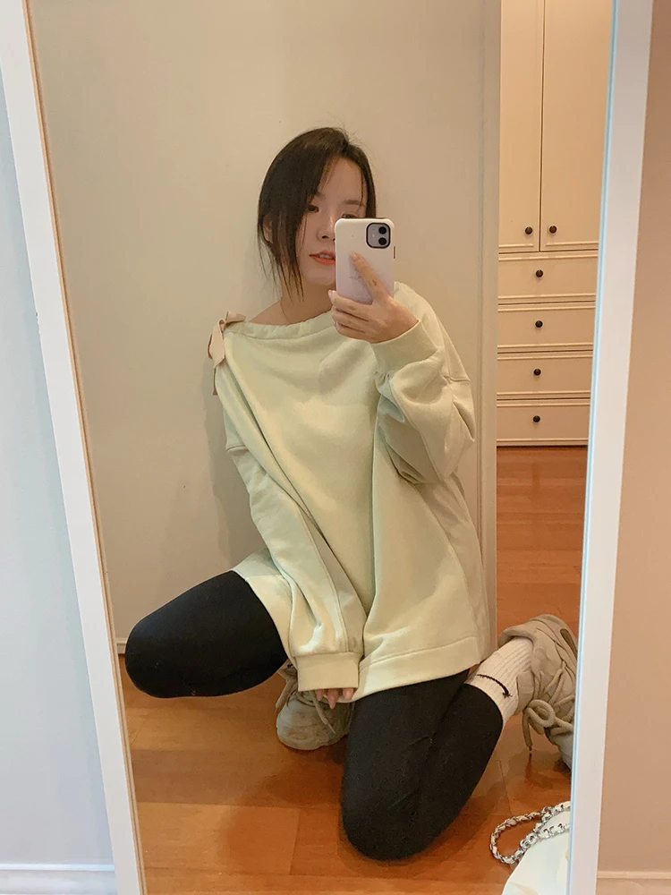 春秋欧美高街设计感一字领系带蝙蝠袖宽松廓形纯棉绿色休闲卫衣女