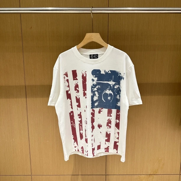 夏季喷脏印花宽松型落肩袖T恤上衣休闲美式休闲免烫青年