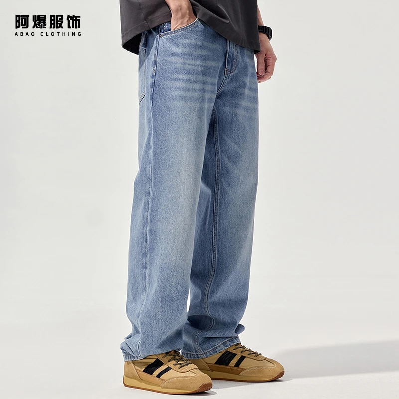 【阿爆服饰】美式潮牌高端浅蓝色牛仔男宽松直筒春季新款高街垂感裤