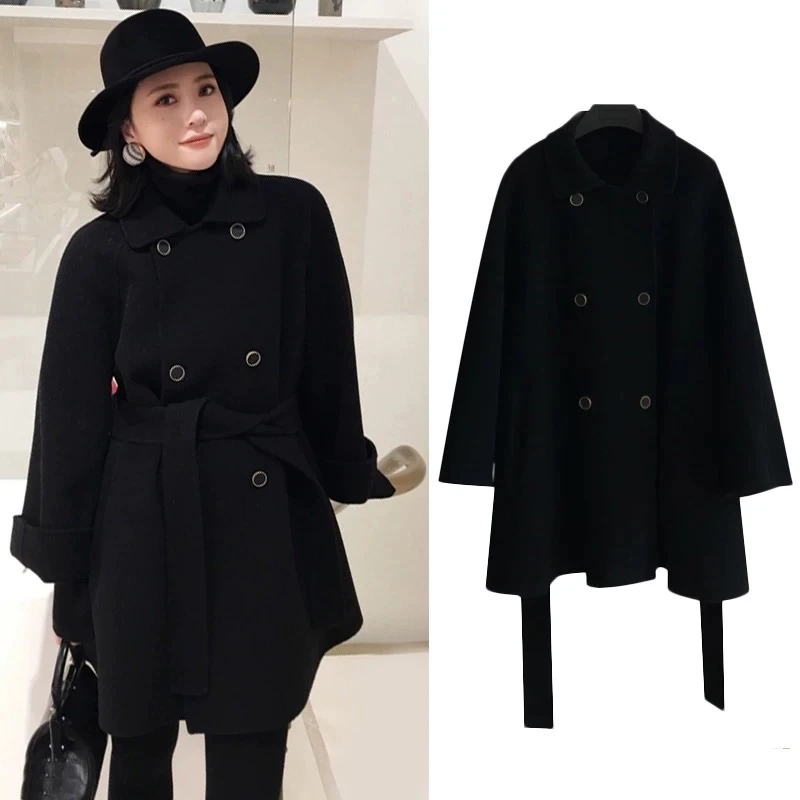 赫本风安娜款双面羊毛小个子韩版收腰系带A字毛呢外套7123
