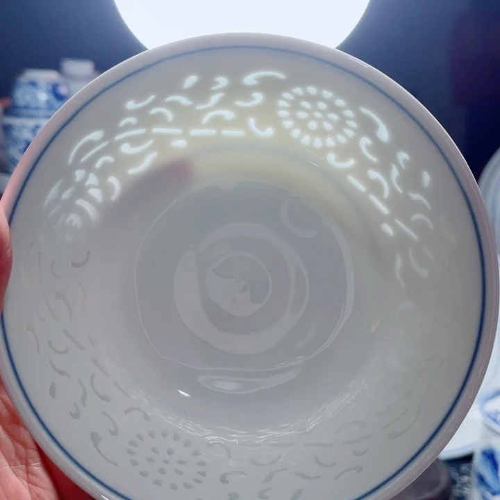 青花玲珑5寸饭碗满雕双福双线