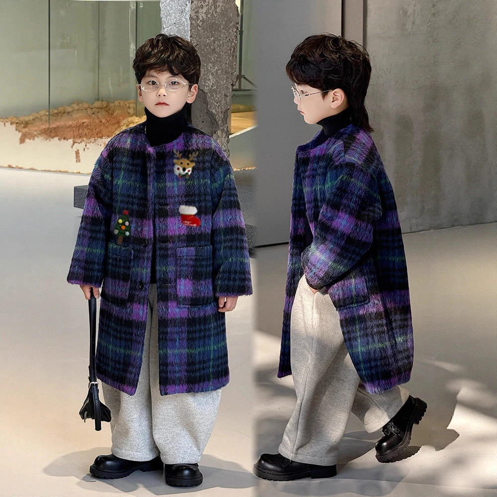 儿童服装男童加绒蓝色格子大衣2025冬季新款韩版长款加厚保暖外套