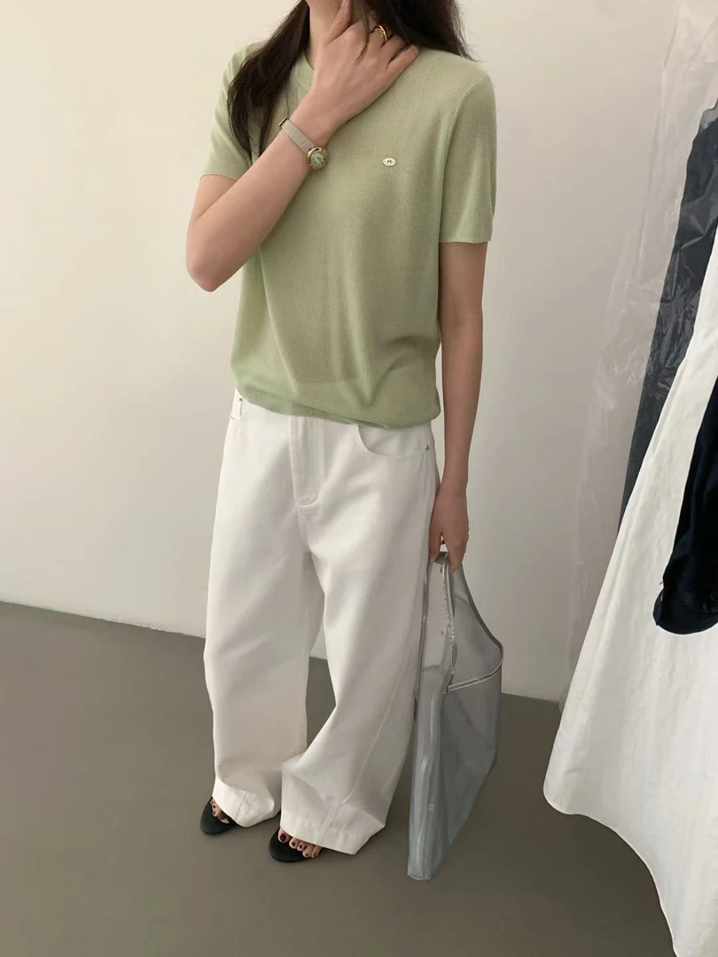 lovely@m3067 韩系简约百搭蝴蝶结小标短袖针织衫（百百天天）6-22