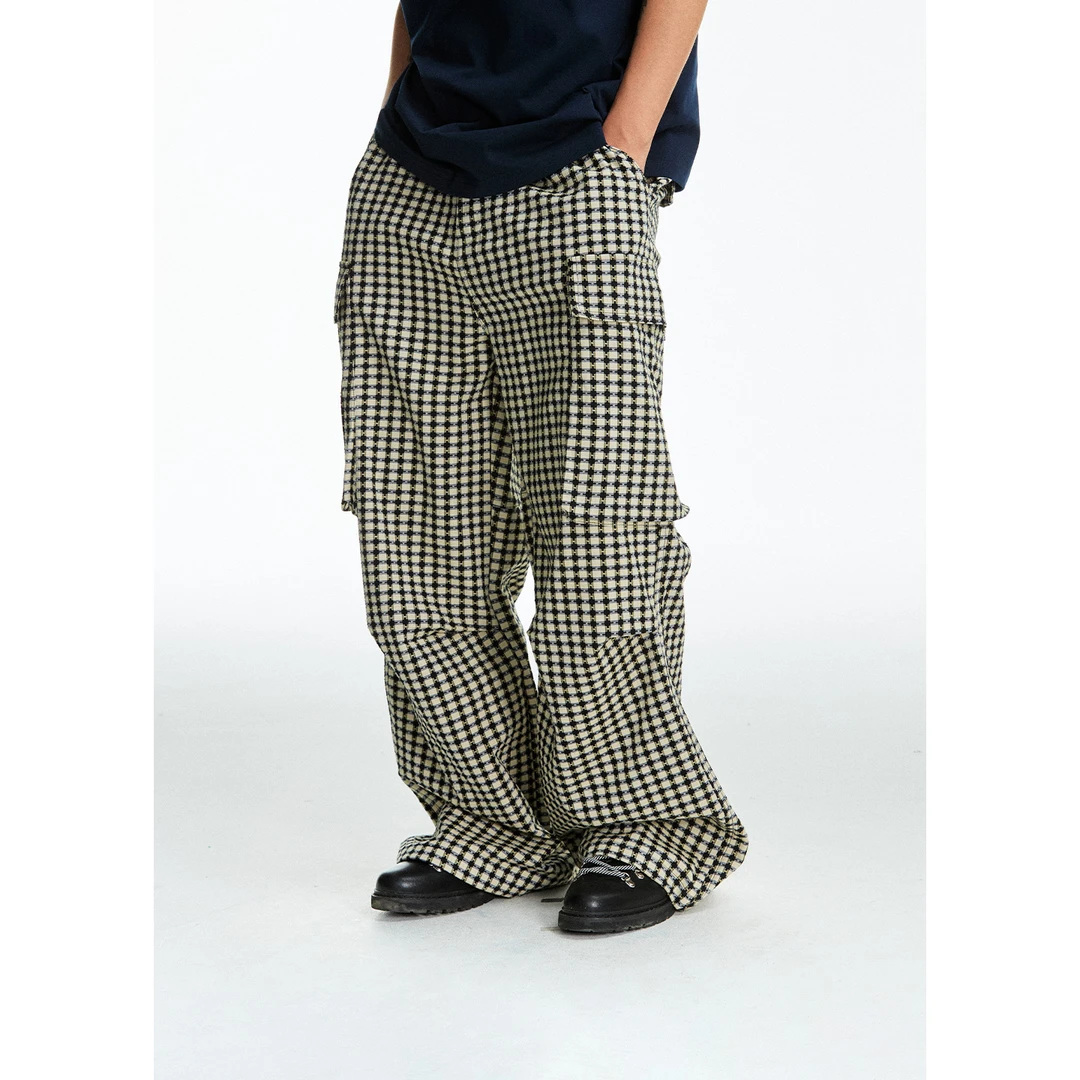 CoosRetro 《千鸟序》经典格纹松紧腰褶皱设计立体大口袋工装裤