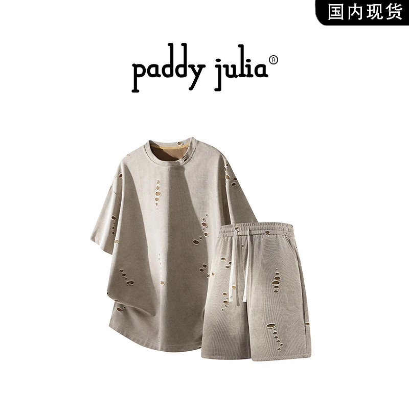 Paddy julia美式短袖t恤套装男士夏季薄款破洞轻奢休闲短裤两件套