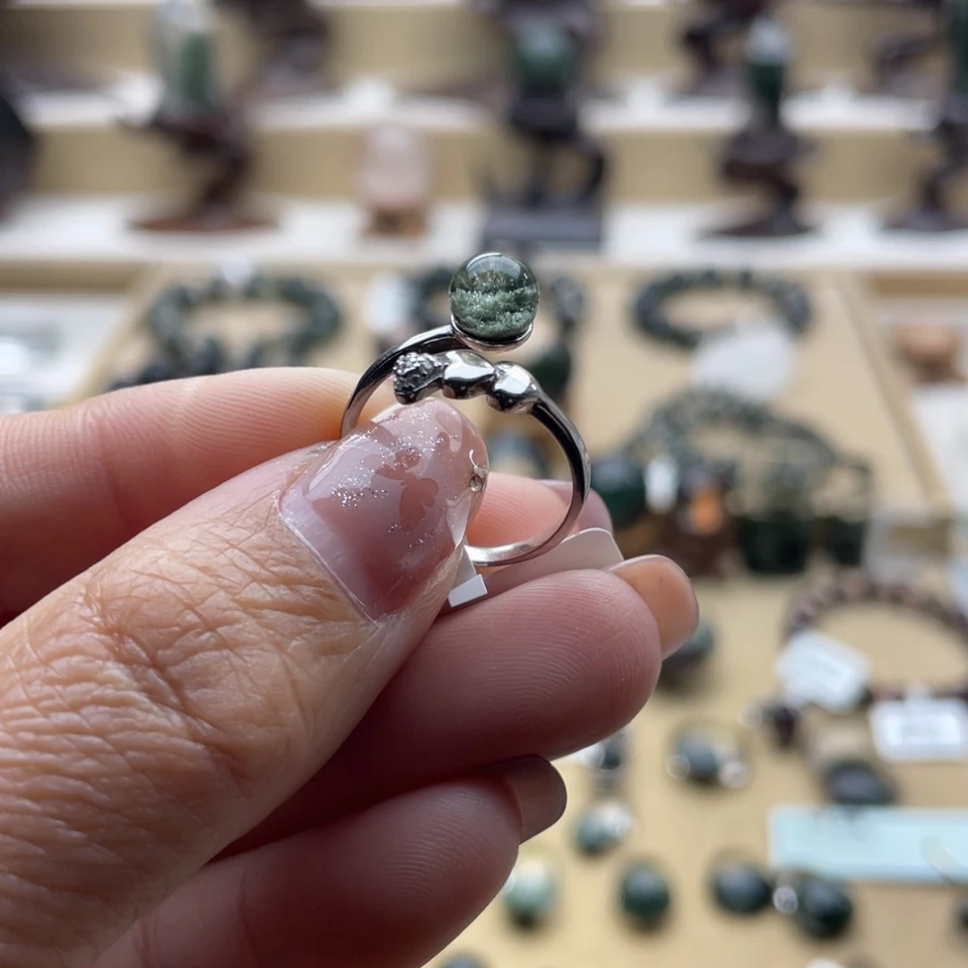 A***w戒指银S925镶嵌水晶绿幽灵戒指定制