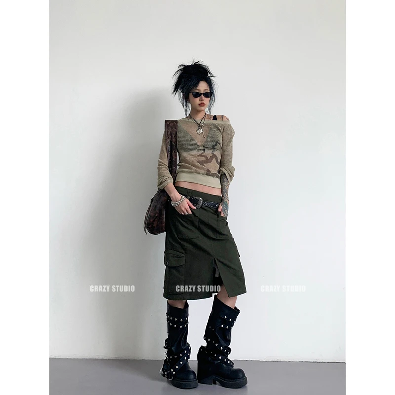 高腰显瘦开叉辣妹工装裙美式复古多口袋半身裙小众五分中裙女