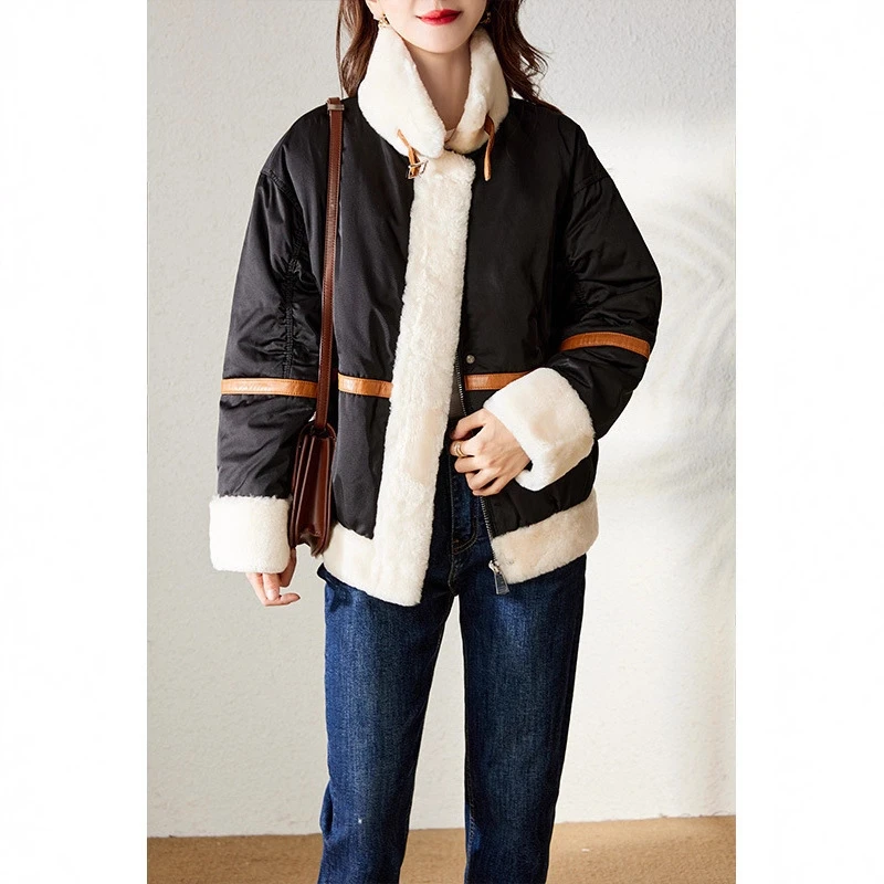 DUCURNO黑色拼接羽绒服女冬季2025新款休闲气质加厚保暖短款外套