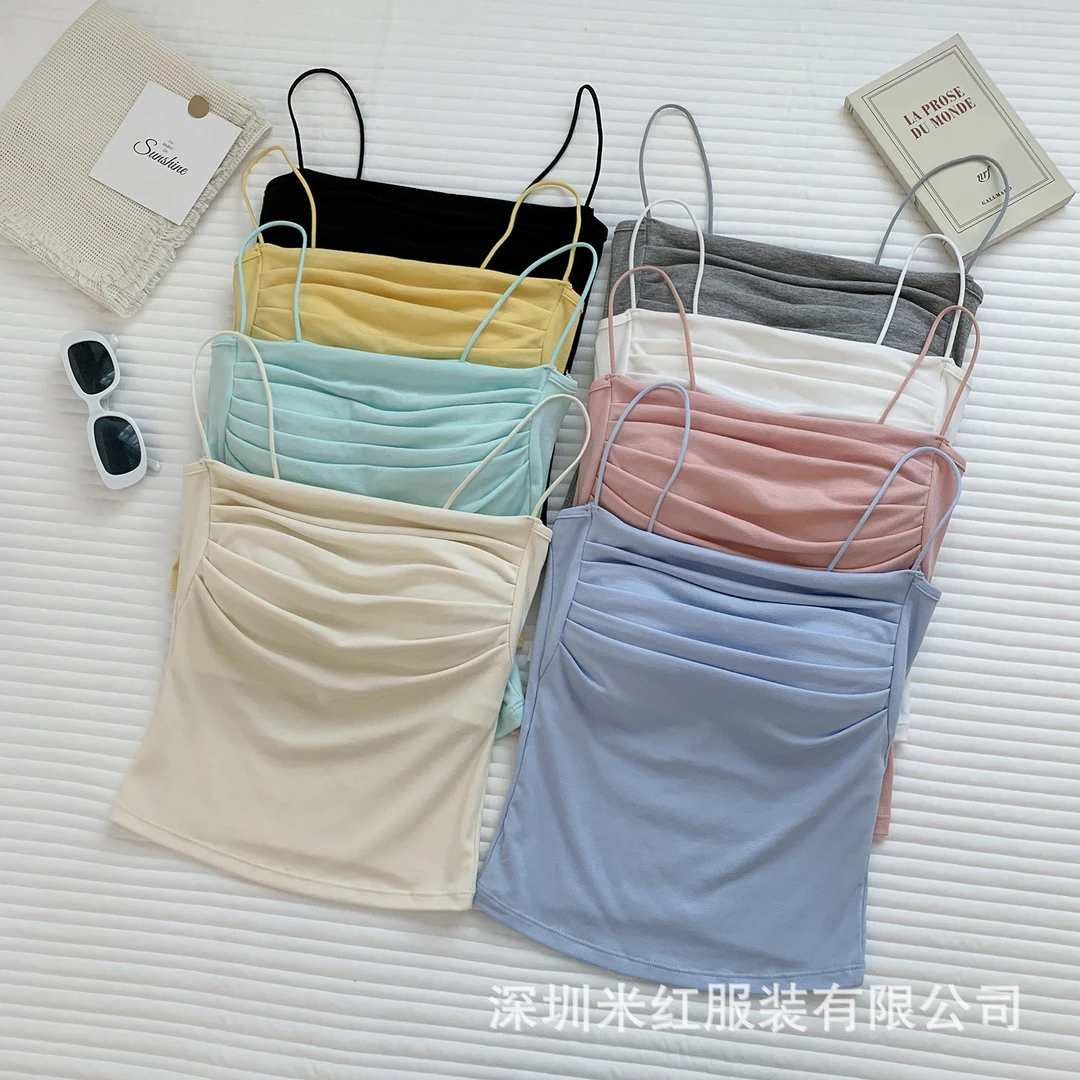 2025新款百搭纯欲甜辣妹褶皱吊带背心带胸垫裹胸修身显胸大抹胸