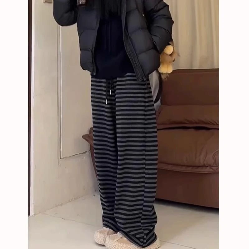 冬季秋冬条纹厚款冬季透气休闲裤外穿休闲长款加绒款显瘦高腰