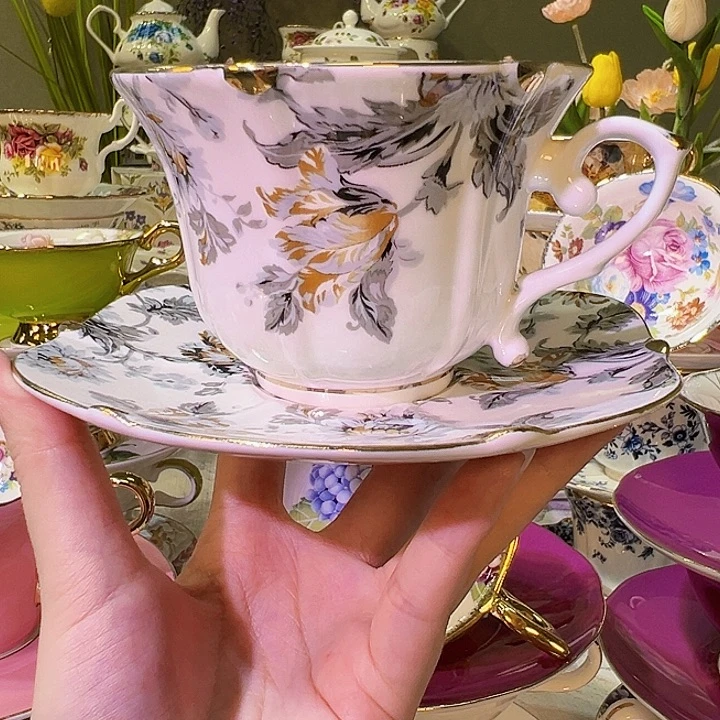 陶瓷六角公主杯碟高级灰下午茶