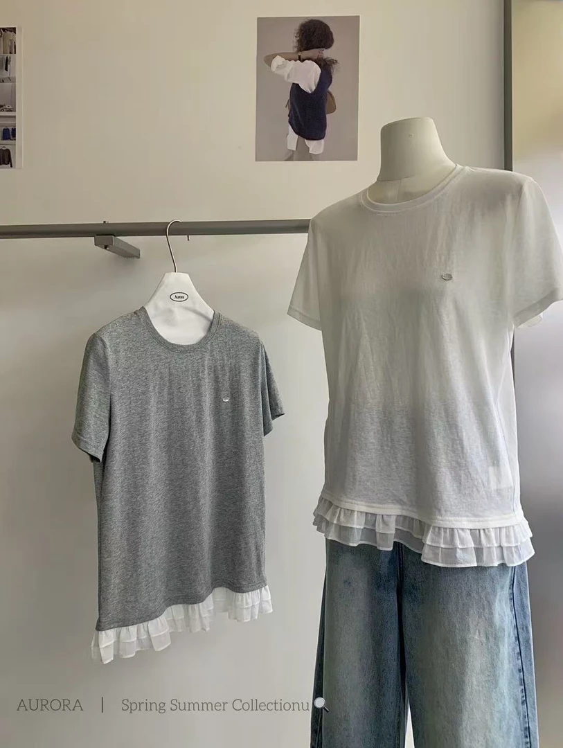 aurora@1526 韩系简约百搭拼蕾丝花边宽松短袖T