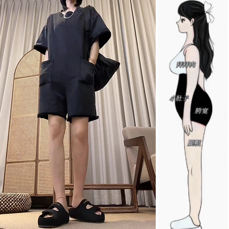 2025夏季薄款大码女装字母大口袋宽松连体裤梨形身材显瘦阔腿短裤