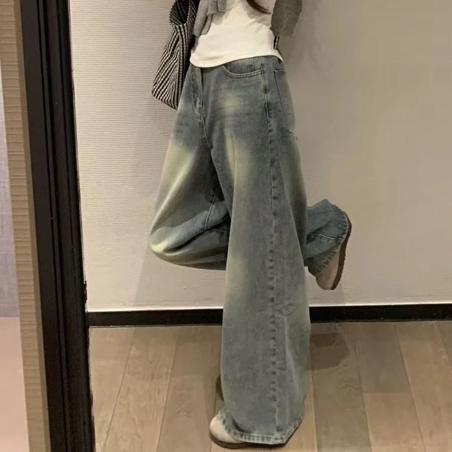 加绒加厚复古做旧高腰宽松百搭阔腿牛仔裤冬季