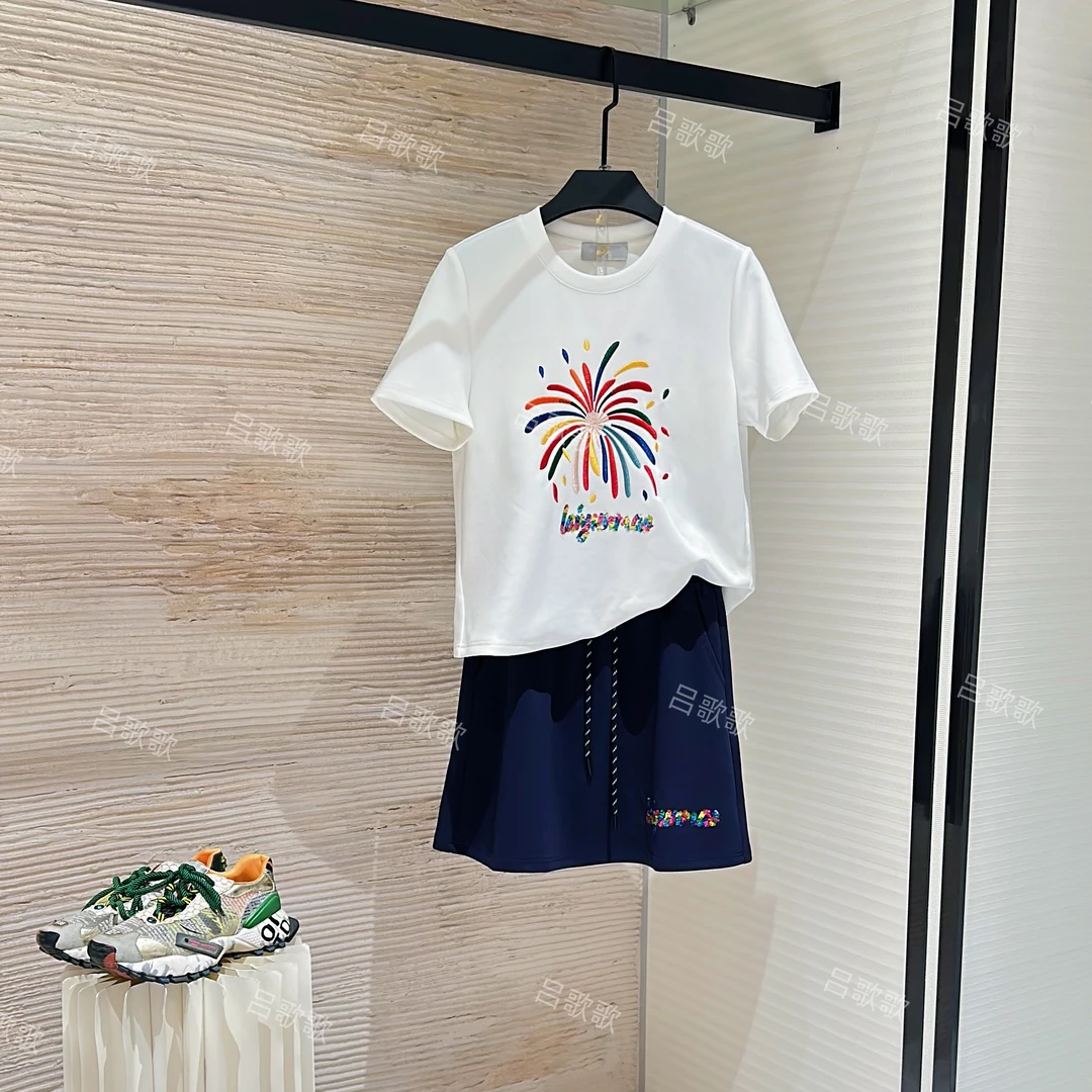 【姗姗】夏季重工彩片烟花刺绣圆领短袖套装裙裤JC-A3673