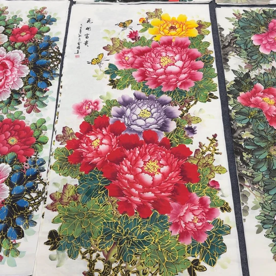 国画140×70千层金线牡丹手绘画画画