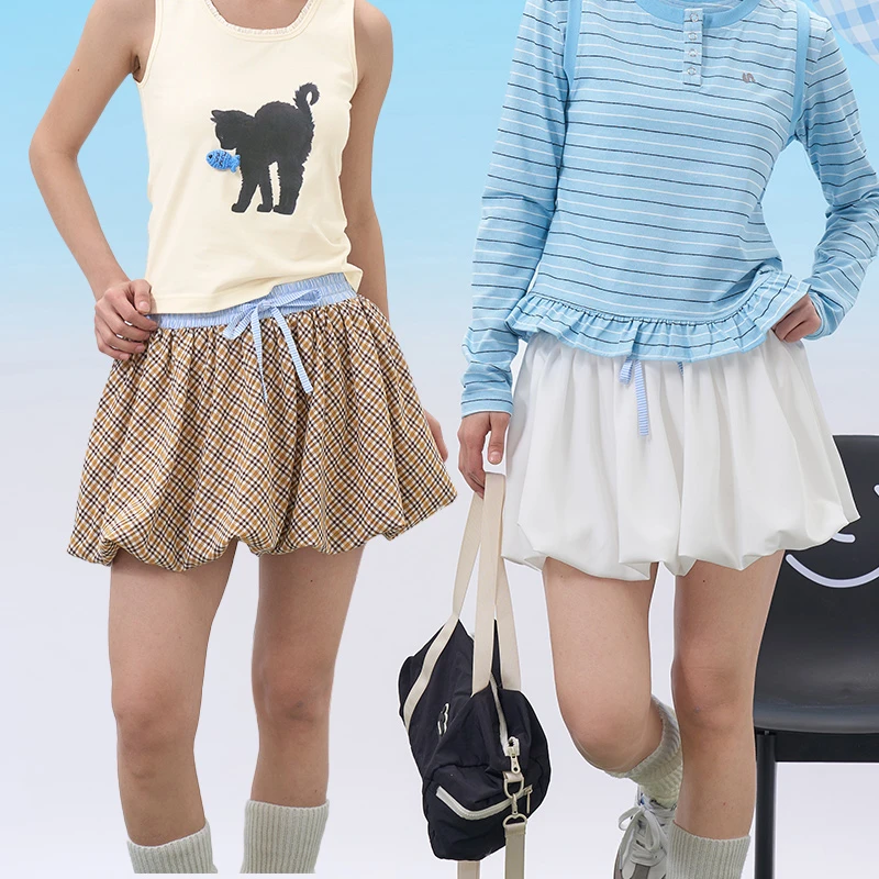 iSaluteU 美式格纹撞色花苞裙蓬松短款A字裙春夏辣妹收腰短裤