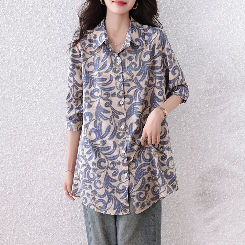 复古印花休闲衬衫女2025早秋季新款高级感减龄洋气小衫短袖上衣女