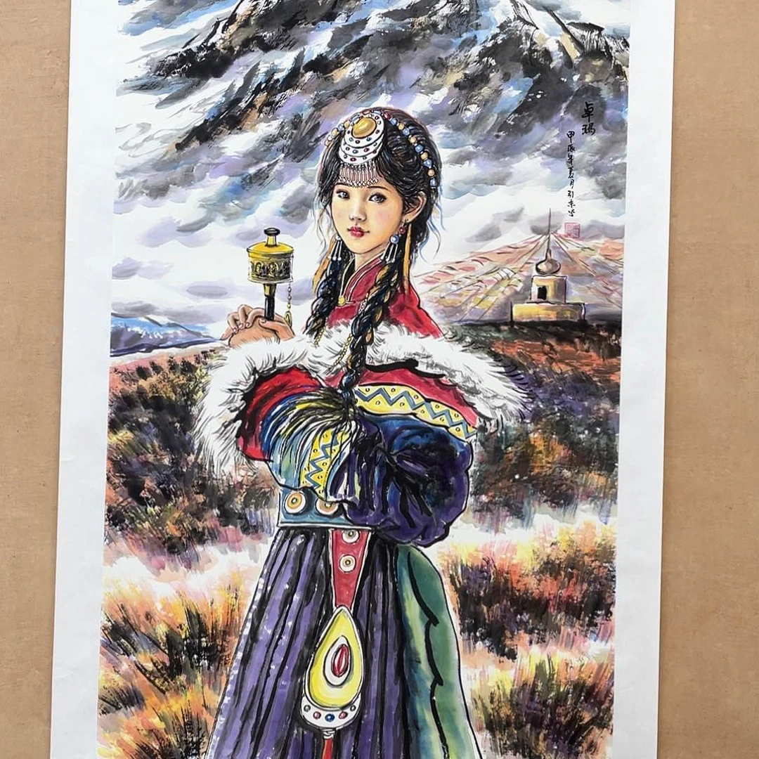 国画书**航手绘国画,精品藏族人物，岑引东，画心