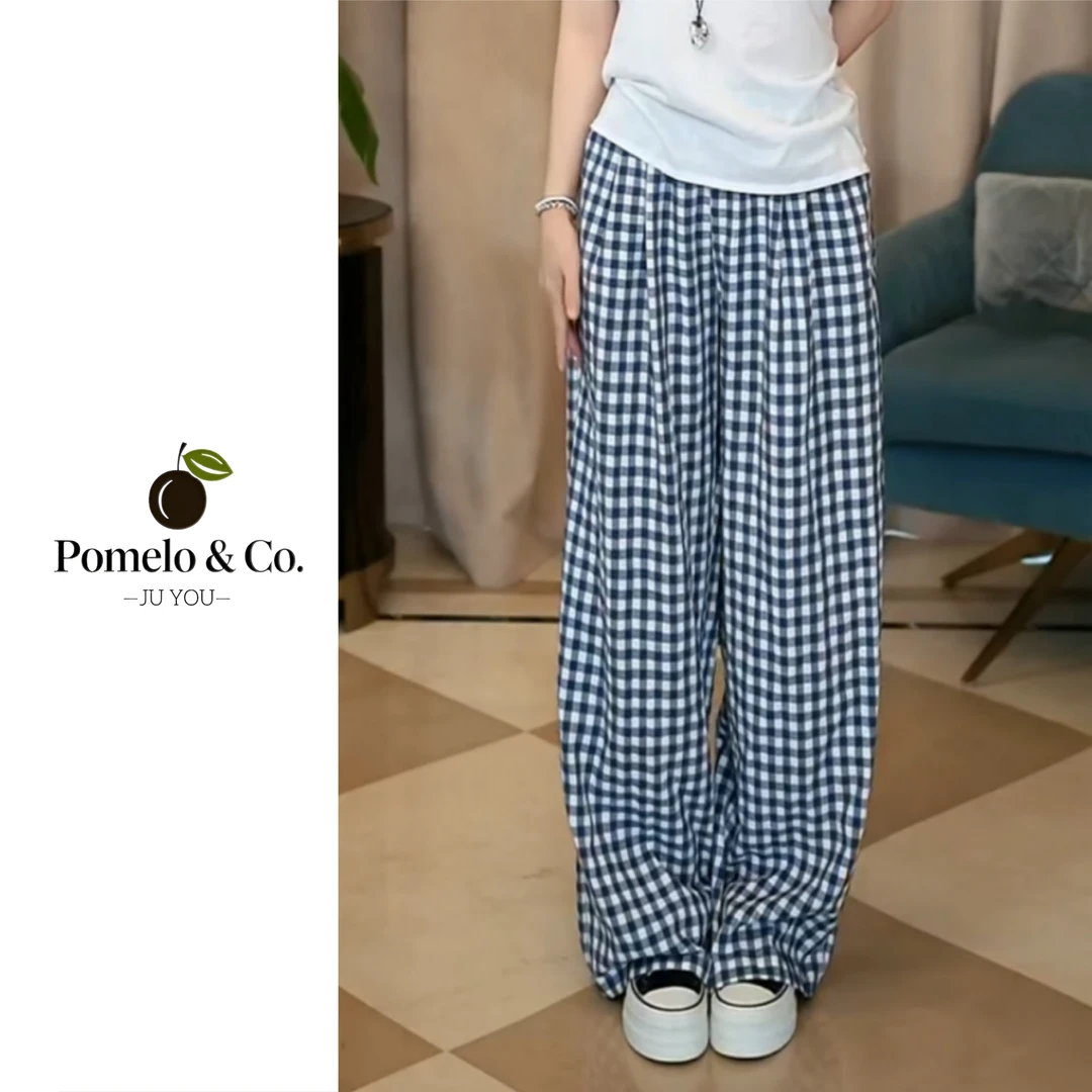 JUYOU-日式阔腿裤·压褶显瘦高腰·色织格子裤